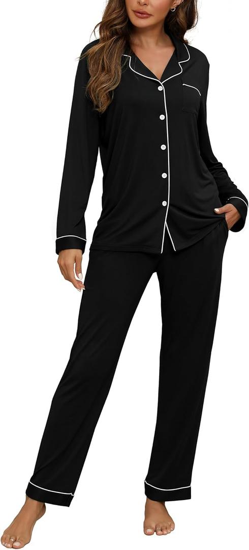 Womens Pajamas Sets 2 Piece Long Sleeve and Pant Pj Sets Button Up Sleepwear (Small, Black)