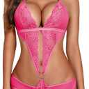 Avidlove Women Deep V Lingerie Lace Teddy One Piece Babydoll Mini Bodysuit (X-Large, Hot Pink)