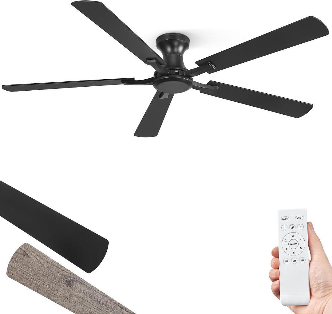 ZMISHIBO 60 Inch Ceiling Fan No Light, Flush Mount Low Profile, Modern Black Ceiling Fan Without Light, Remote Control & Quiet DC Motor, for Indoor&Outdoor, Bedroom, Living Room
