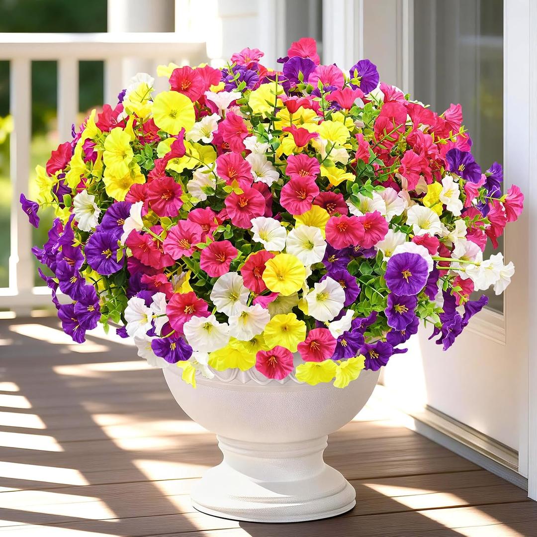 Artificial Flowers for Outdoors, 26 Bundles Fake Outdoor Flowers, UV Resistant Artificial Outdoor Plants & Flowers for Decoration, Colorful Morning Glory for Garden Porch Yard Patio, Mixed Color A