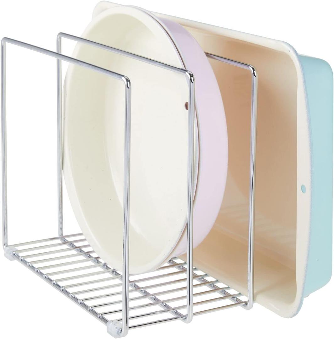 mDesign 3 Slot Tray and Pan Rack Metal Wire Rack for Pantry and Kitchen Storage Freestanding Pan Lid Holder Also for Baking Trays and Crockery Silver