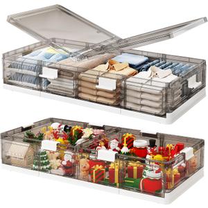 Kitstorack Plastic Under Bed Storage Containers,2 Pack Underbed Storage with Wheels,Foldable and Stackable Under Bed Organizer,Moisture and Dust-proof Storage Boxes for Clothes Shoes,13.6 Gal