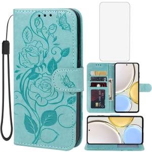 Case for Honor X9 4G/Honor X9 5G/Honor X30/Honor Magic4 Lite Wallet Case with Tempered Glass Screen Protector, Flower Leather Flip Credit Card Holder Stand Phone Cover for Huawei Honor X9 Green