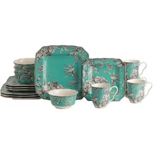 222 Fifth Adelaide 16-Piece Square Floral Dinnerware Set  Service for 4, Turquoise Porcelain Plate, Bowl & Mug Set, Chip Resistant, for Everyday Dining & Entertainment, Microwave & Dishwasher Safe