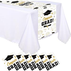 6 Pcs Plastic Graduation Table Runner 2025 Congrats Grad Cap Table Decoration 14 x 108 Inch Disposable Tablecloth for Prom Class of 2025 Graduation Party Supplies Favor(White Gold)