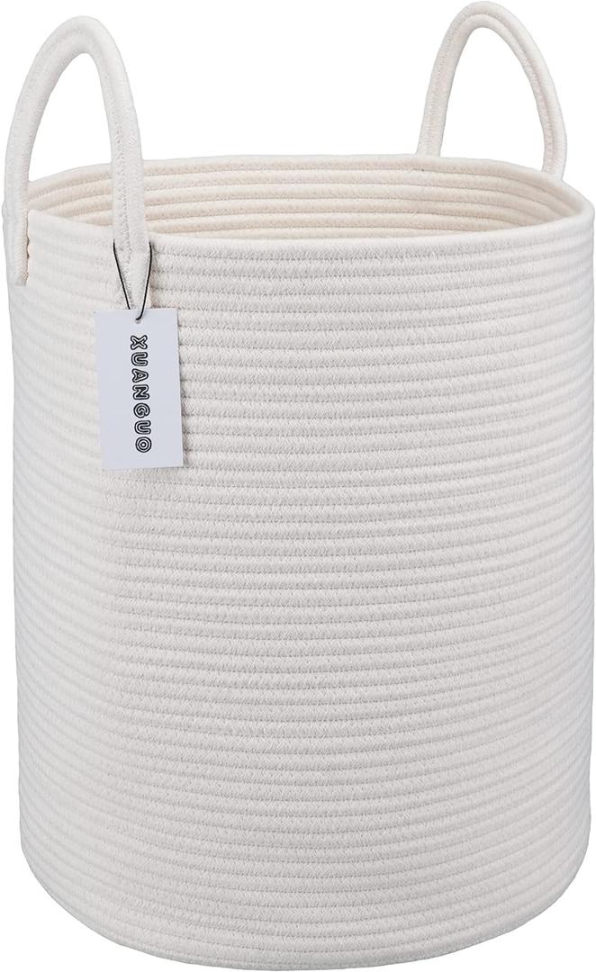 Cotton Rope Laundry Basket Hamper for Clothes Decorative Woven Storage Basket for Living Room Bedroom Boho Tall Rope Baskets for Blanket Toys Baby Nursery Hamper Bin Large White (Regular)