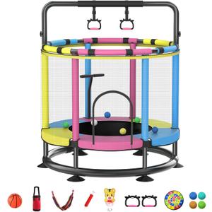 Trampoline for Kids, Full Anti-Rust 440lbs Anti-Rollover Round Bottom Toddler Trampoline, T-handrail Adjustable Baby Toddler Trampolines Dart Board (55, Yellow Pink Blue)