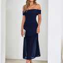 Simplee Womens Summer Off Shoulder Maxi Dress 2026 Ruched Bodycon Flowy Tulle Formal Cocktail Wedding Guest Long Dresses (Blue, L)