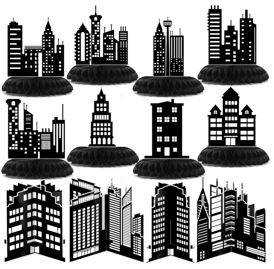 Pickmesh 12 Pieces Hero Party Decorations City Skyscraper Honeycomb Centerpieces Table Decorations Skyline Buildings Table Topper for Hero Birthday Skyscraper Party Supplies