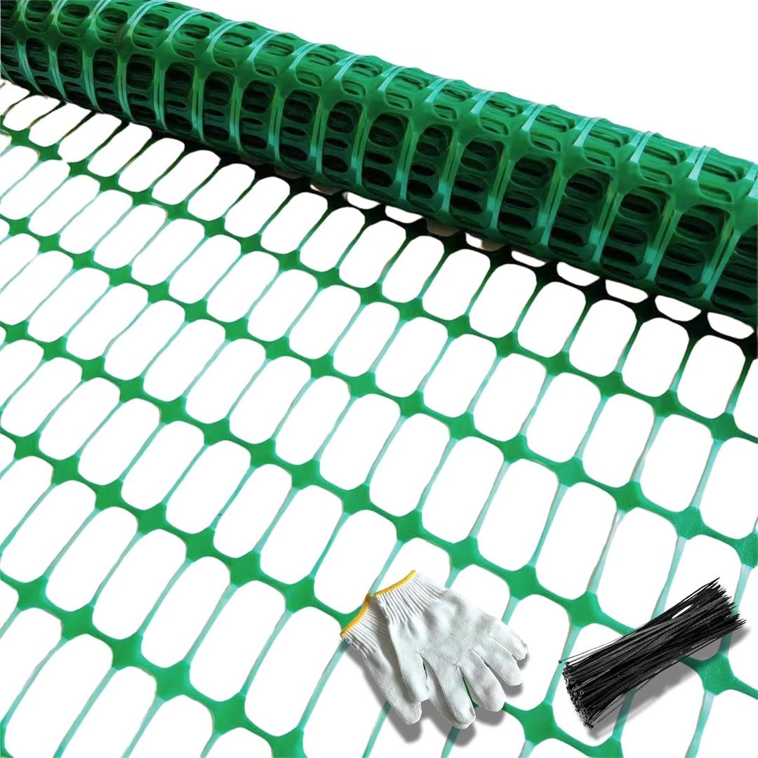 PotatoLife Plastic Mesh Fence, Extra Strength 4'x100' Roll with 50 Zip Ties, Resuable Temporary Netting for Garden Fencing, Snow Fencing, Animal Barrier, Poultry, Deer, Dog, Construction, Green