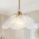 6-Petal White Floral Glass Pendant Light Fixture - Vintage Shell Flower Chandelier with Gold Finish for Kitchen Island Dining Room Bedroom