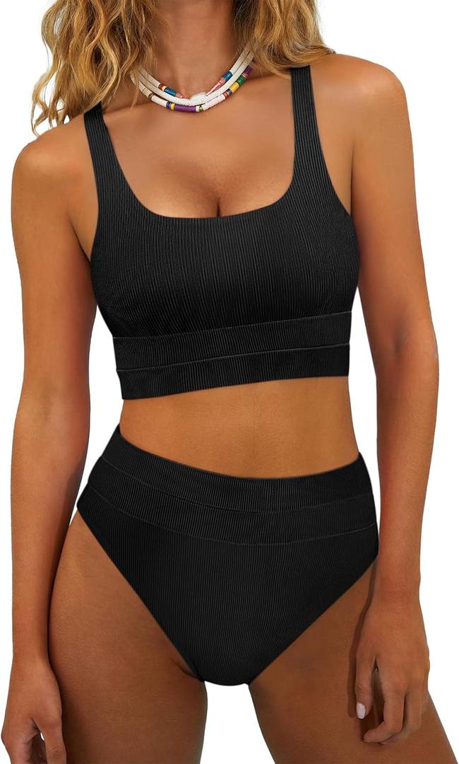 ANRABESS Bikini Sets for Women Summer 2026 High Waisted 2 Piece Bathing Suit Tummy Control Swimsuit Color Block Swimwear (Large, Black)