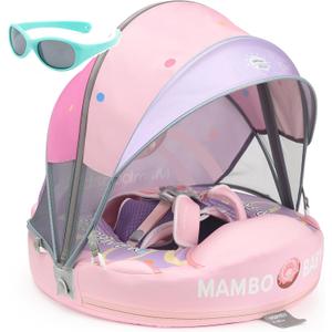 Mambobaby Float with Canopy and Tail New Upgraded Non-Inflatable Baby Pool Float Mambo Float Swim Trainer Solid Infant Swim Float Adjustable Pearl Foam Baby Swim Ring (Doughnut Pink)