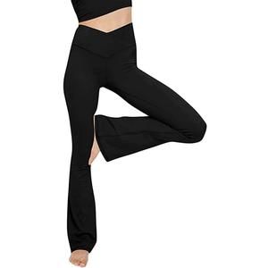 TOPYOGAS Women's Casual Bootleg Yoga Pants V Crossover High Waisted Flare Workout Pants Leggings Black, Size XS