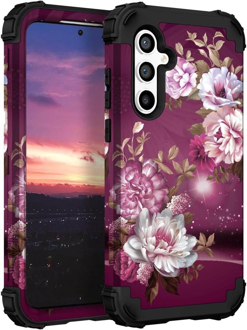 Hocase for Galaxy S23 FE Case, Heavy Duty Shockproof Protection Soft Silicone Rubber+Hard Plastic Bumper Hybrid Protective Case for Samsung Galaxy S23 FE 5G (6.4"") 2023 - Burgundy Flowers