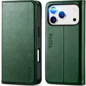 TUCCH Wallet Case for iPhone 17 Pro (6.3") 2025, 3 Credit Card Holders, RFID Blocking, Stand, PU Leather, Shockproof TPU Interior Shell, Protective Flip Folio Cover, Midnight Green