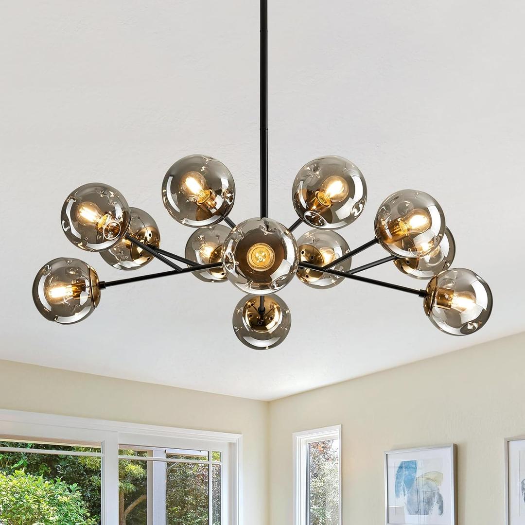 SZXYKEJI 12-Light Glass ChandelierLarge Sputnik Chandeliers for High Ceilings Rustic Ceiling Lighting Fixture Pendent Light for Kitchen Dining Room Living Room Bedroom Office Black.