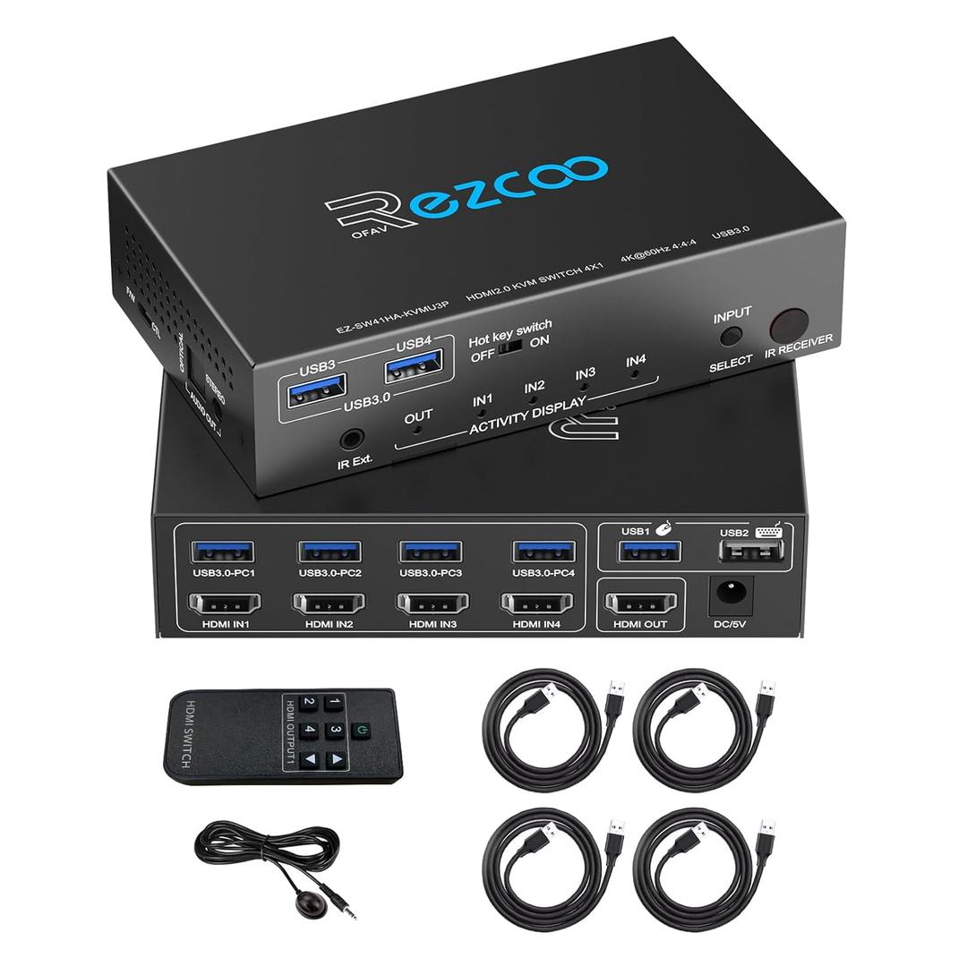 USB 3.0 KVM Switch HDMI 4 Computer 1 Monitor 4K 60Hz SPDIF L/R Hotkey - Share one Set of Keyboard Mouse Printer,1080p 120Hz 144Hz HDCP Bypass,4X USB3.0 Cable,IR Remote Ext. Windows Mac 41KVMP