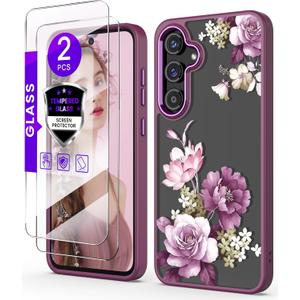 for Samsung Galaxy S24 FE 5G Case+Tempered Glass Screen Protector,Military Grade Protective Slim Soft TPU Hard PC,Girls Women Crystal Clear Flower Pattern Case Cover for Galaxy S24 FE-Purple