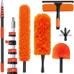 30FT High Reach Duster Cleaning Kit with 5-24 FT Extension Pole,High Ceiling Dusting and Window Cleaning Kit with Microfiber Feather Duster,Cobweb Duster,Ceiling Fan Duster,Window Squeegee Cleaner