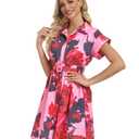 Rseoutlh Women's Button Down Shirt Dress Floral Printed V-Neck Turn Down Short Sleeve Mini Casual Trench Coat Formal Red