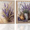 2Pcs Vintage Lavender and Wheat Flower Framed Canvas Wall Art, Modern Farmhouse Pictures Prints Artwork, Rustic Cottage Country Floral Paintings for Living Room Bedroom Bathroom Kitchen, 12x16in
