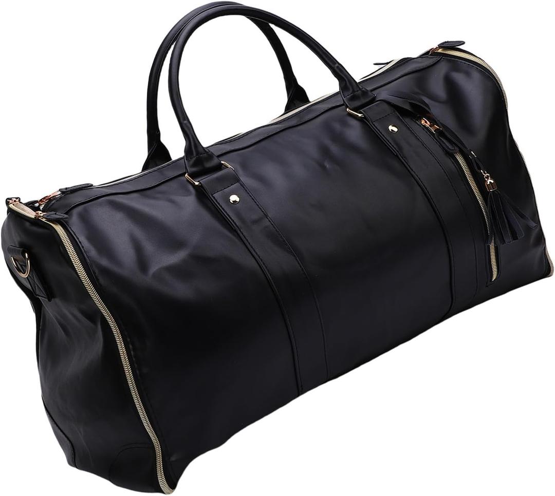 Generic Stylish PU Leather Garment Bag Carry On Duffle Bag for Business Trips Weekend Getaways and Travel Business Professionals (Black)
