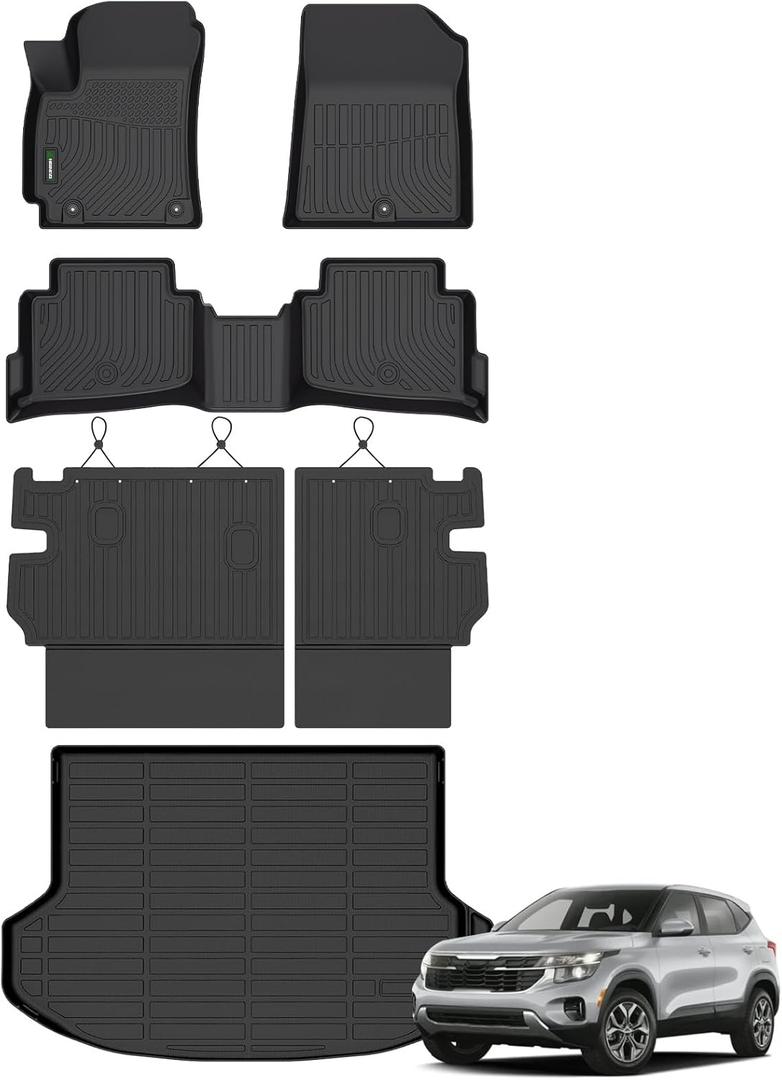 ANBINGO Floor Mats & Backseat Cargo Liner for Kia Seltos 2024 2025 2026, TPE All Weather Mats 2024 2025 2026 Seltos S, LX, SX, X-Line, Cargo Tray in The Highest Position, Black   