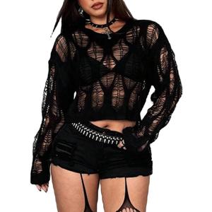 SHENHE Women's Plus Size Ripped Knit Top Sweater Hollow Out Goth Punk Grunge Y2k Sheer Crop Sweater (Black)