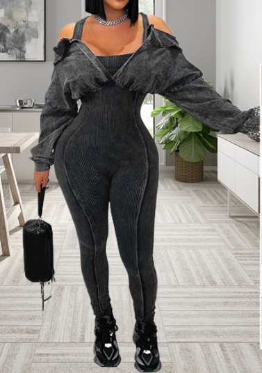 Voghtic Women's Sexy v Neck Bodycon Jumpsuit Distressed Long Sleeve Full Length Leggings Stretch One Piece Outfits M