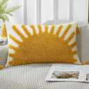 Adabana Decorative Boho Throw Pillow Covers 12x20, Lumbar Tufted Pillows Cover for Couch Bed, Sun Sunshine Pillow Cover for Kids (Yellow and White)