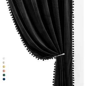 Treatmentex Pompom Black Velvet Curtains for Bedroom Windows 84" Long Decorative Room Darkening Curtains for Living Room 54" x 44" x 2Panels