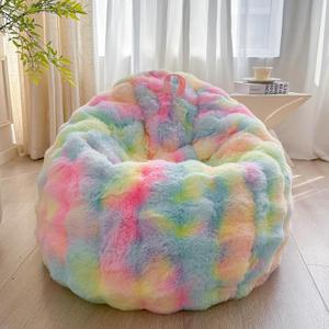 LIFEREVO Fluffy Faux Rabbit Fur Bean Bag Cover (No Filler), Soft Fuzzy Stuffed Animal Storage Bubble Waffle Bean Bag Chair for Plush Toys, Comfy Shaggy Furry Beanbag Cover Kids Girls Adults, Rainbow (Large(38"x38"x40"))