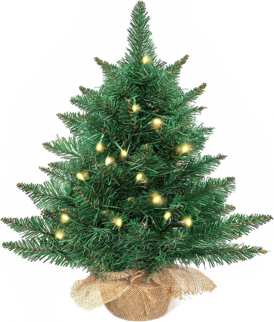 24 Inch Prelit Artificial Mini Christmas Tree,Tabletop Christmas Tree with 30 LED Warm Lights,Desktop Small Xmas Green Pine Tree for Home Decor（Battery Operated）