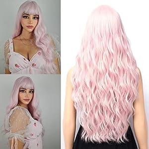 Netgo Light Pink Wig, Long Wavy Curly Wig with Bangs for Women, Natural Looking Heat Resistant Long Curly Wig for Cosplay Party Daily Wear