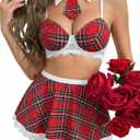Avidlove Lingerie Set for Women 2 Piece Lingerie Sets with Plaid Mini Skirt Sexy Outfit (Large, Red)