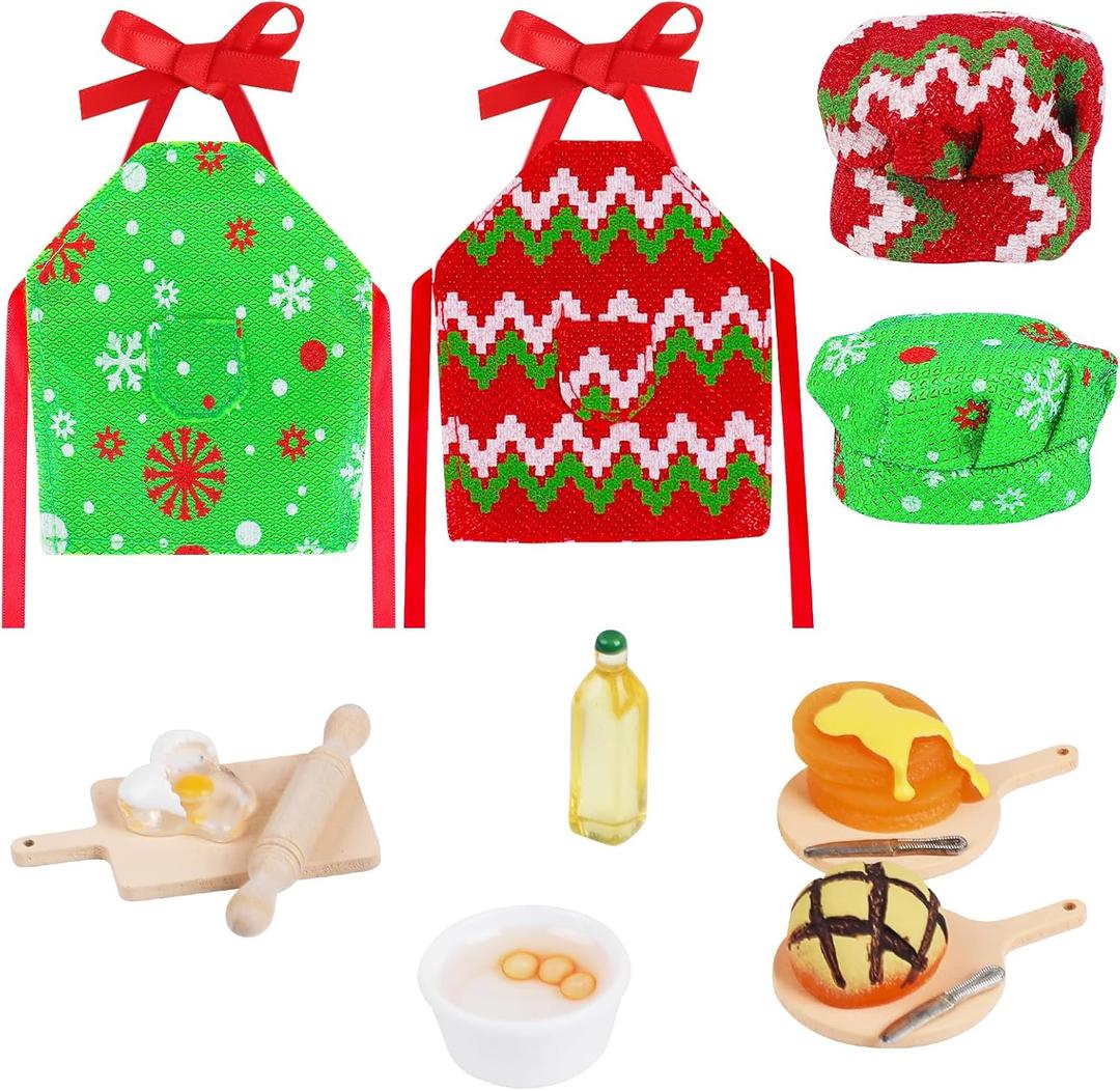 DIYASY Christmas Mini Elf Outfit Accessories, Elf Baker Clothes Kit Xmas Doll Props Set Apron Hats Rolling Pin Egg Cookie Tray Mixing Bowl Xmas DIY Craft Gift for Kids