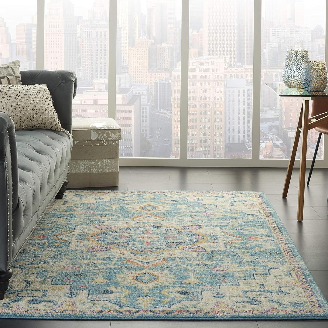 Nourison Passion Ivory/ Light Blue 3'9" x 5'9" Area Rug, Boho, Moroccan, Bed Room, Living Room, Dining Room, Kitchen, Easy Cleaning, Non Shedding, (4' x 6')