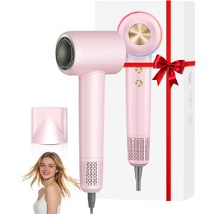 Ionic Hair Dryer, 150,000 RPM High-Speed Professional Blow Dryer for Fast Drying, 500M Negative Ions & Thermo-Control, Magnetic Nozzle, Low Noise & Lightweight for Home and Travel, Pink