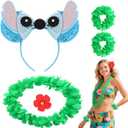 Hawaiian Luau Party Outfit for Women Girls - Green Leis Garland, Red Tropiacl Flower Hair Clip & Blue Stitch Ears Headband for Halloween