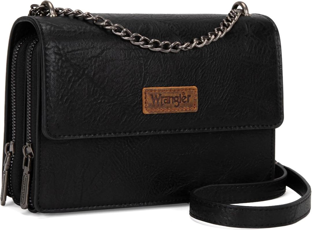 Wrangler Flap Crossbody Purse for Women Shoulder Bag Vintage Wallets with Chain Strap (Jet Black)