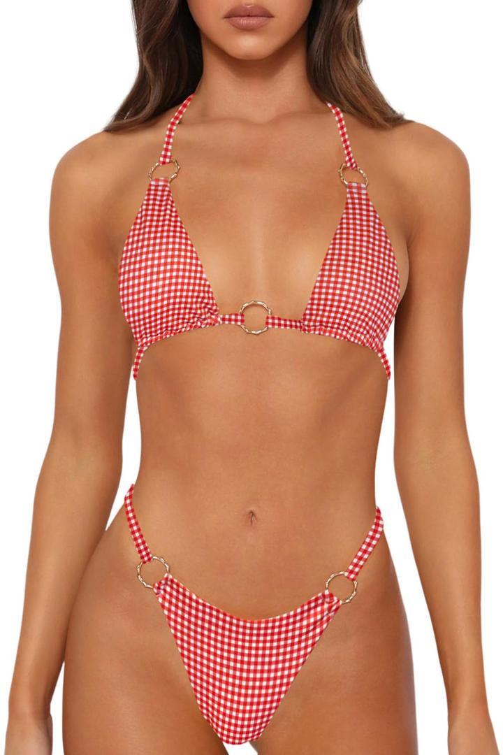 MIKETAI Sexy Bikinis for Women 2 Piece Bikini Spaghetti Strap Swimsuits Solid Color Bathing Swimwear Triangle Bathing Suit (US, Alpha, Medium, Regular, Regular, Red Check)