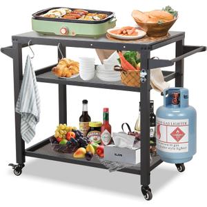 Domi 3-Shelf Outdoor Grill Table, Grill Cart Outdoor with Wheels, Pizza Oven and Food Prep Table, Blackstone with Propane Tank Hook, BBQ Stand for Blackstone Griddle for Outside BBQ