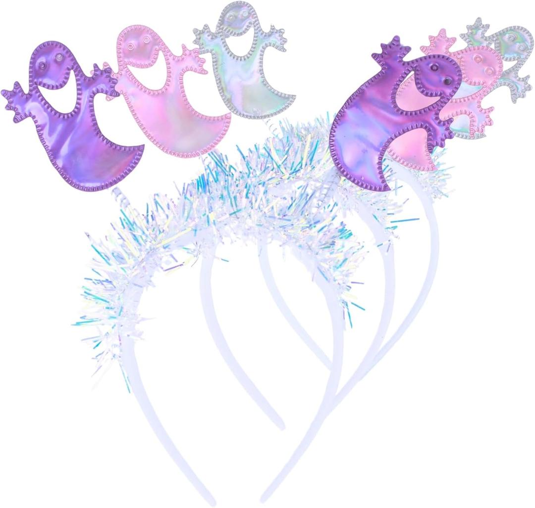 3 Pack Halloween Ghost Headband, Sparkly Bopper Ghost Hair Accessories w/Silver Tinsel | Fun Animated Look | Lightweight & Comfortable | One Size Fits Most Teens & Adults - Pink, Purple & White