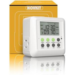 NOVKIT 3-in-1 Dual Outlet Timer Plug with Interval Cycle for Indoor, 7 Day 24 Hour Programmable Digital Repeat Timer Switch (15A, 1875W)