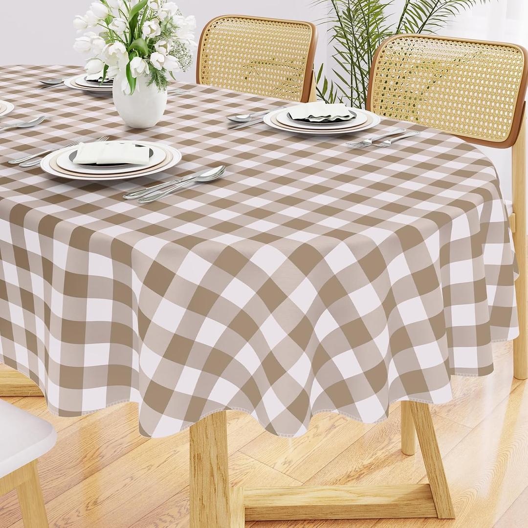Smiry Oval Table Cloth, Waterproof Vinyl Tablecloths with Flannel Backing, Wipeable Buffalo Plaid Table Cover for Picnic, Indoor and Outdoor (Khaki & White, 60"x84")