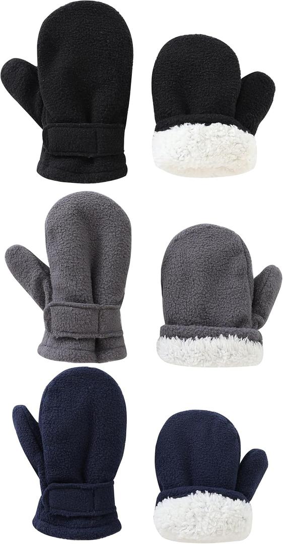 Baby Toddler Mittens 3Pack Boys Girls Winter Outdoor Gloves Kids Easy-On Fleece Warm Mittens (L2-4 years, Black Gray Navy 3 Pairs)