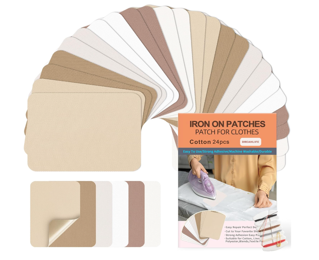 Iron On Patches for Clothes 24pcs, Iron On Patches for Jeans, Cotton Denim Repair Patch for Inside Jeans Fabric Kit, Jeans Knee, Pants, Clothing 3" by 41/4" White&Beige&Khaki