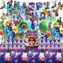 Birthday Party Decorations,50PCS latest Mario Cartoon Theme Supplies - 1 large cake plugin, 1 Backdrop, 1 Banner,6 decorative pendants, 1 Tablecloth, 24 Cake Toppers, 16 Latex Balloons.