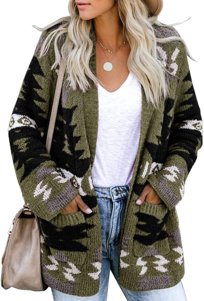 Women Boho Cardigan Aztec Open Front Loose Slouchy Sweaters Tribal Long Sleeve Knitted Christmas Jacket Coat, X-Large, Army Green